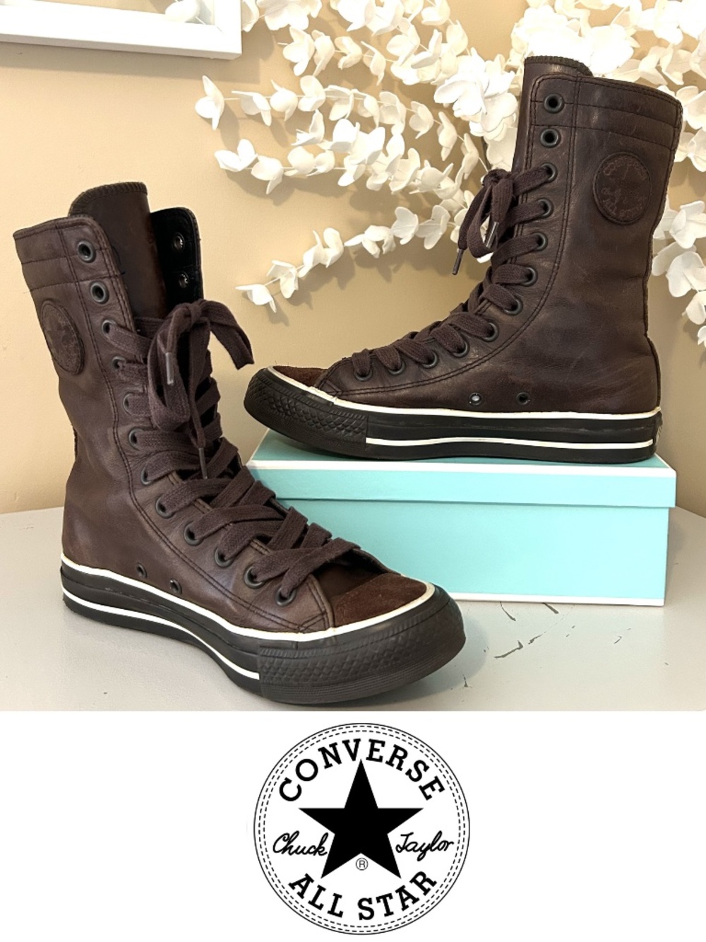 Vintage Converse All Star CT Brown Leather Mid-Calf Biker Sneakers Wom5.5 Men3.5